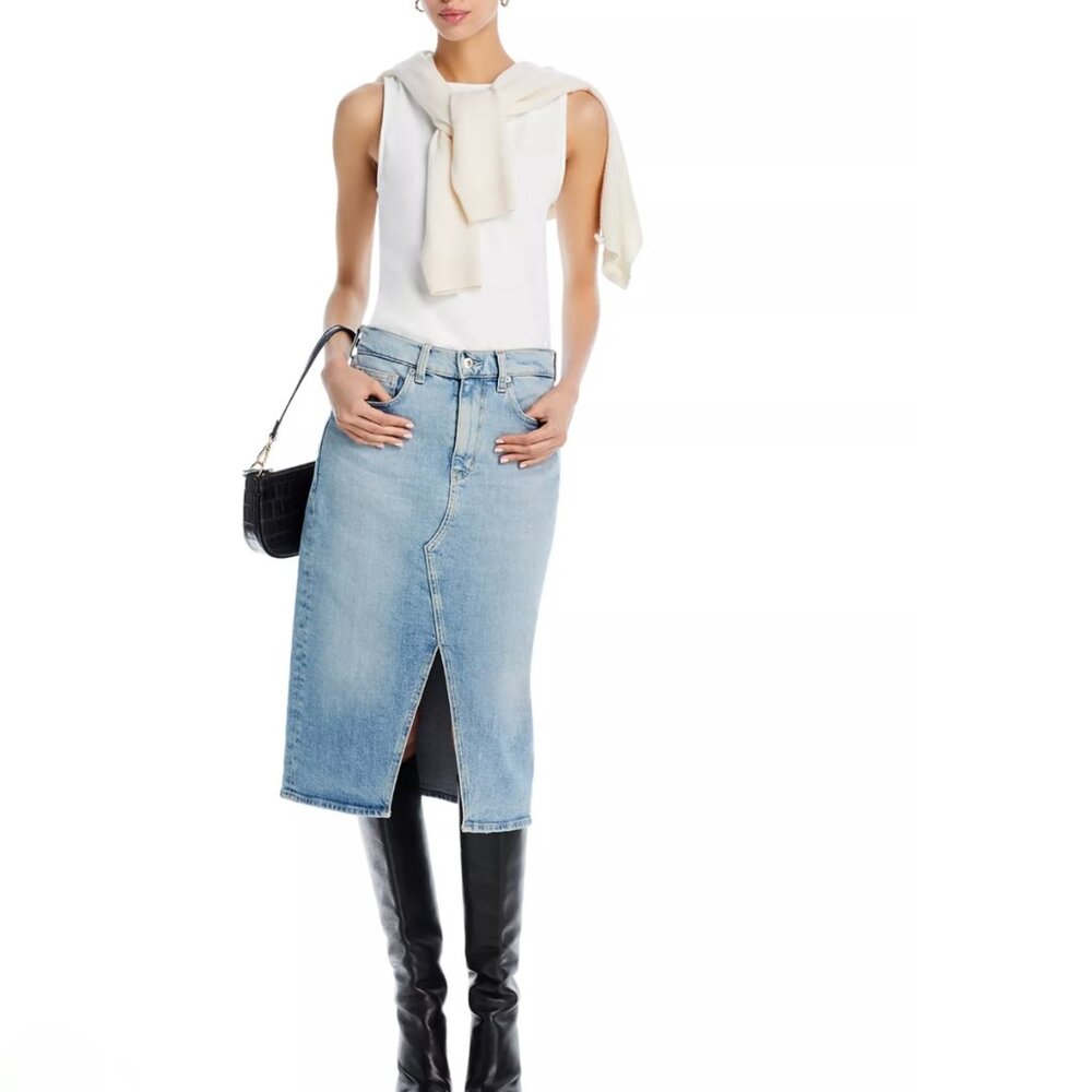 AG Jeans Alicia Denim Midi Skirt | Size 29 / Size 8 | Front Slit High-Waisted